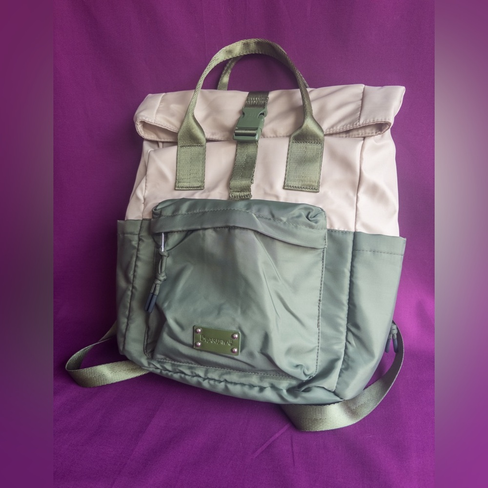 Bearpaw Nylon Backpack Tote Beige Green Multi Pocket NWOT